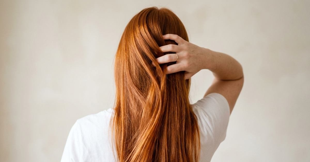 Woman with long, vibrant copper red hair shown from behind, achieved naturally using henna and annatto seeds