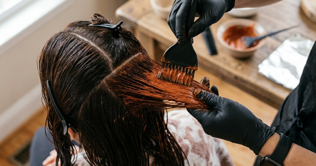 Close-up of natural copper red hair dye being brushed onto freshly parted strands during an at-home coloring session