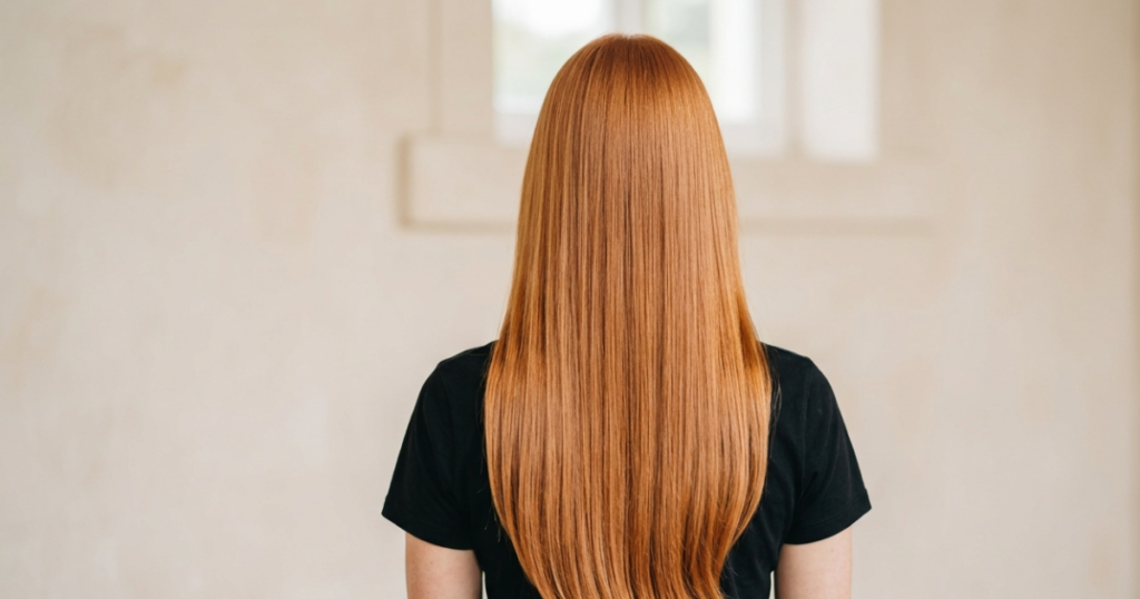 Back view of a woman with long, glossy light copper red hair achieved naturally using henna and beetroot, styled sleek and straight against a soft neutral background.