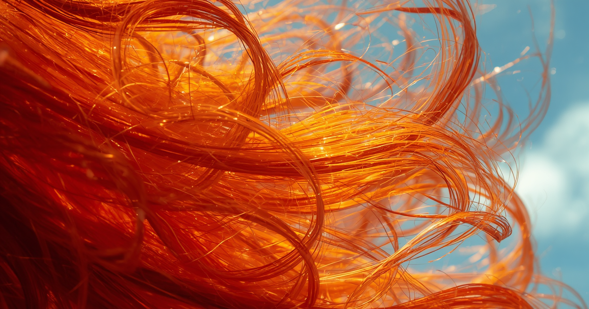 Vibrant strands of natural red-orange hair flowing in the wind against a bright blue sky, showing rich color depth and shine.