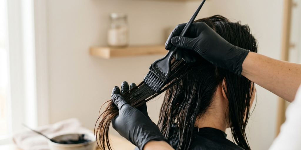 Applying natural black hair dye made with henna and indigo powder to dark hair using a brush, with gloved hands for full coverage