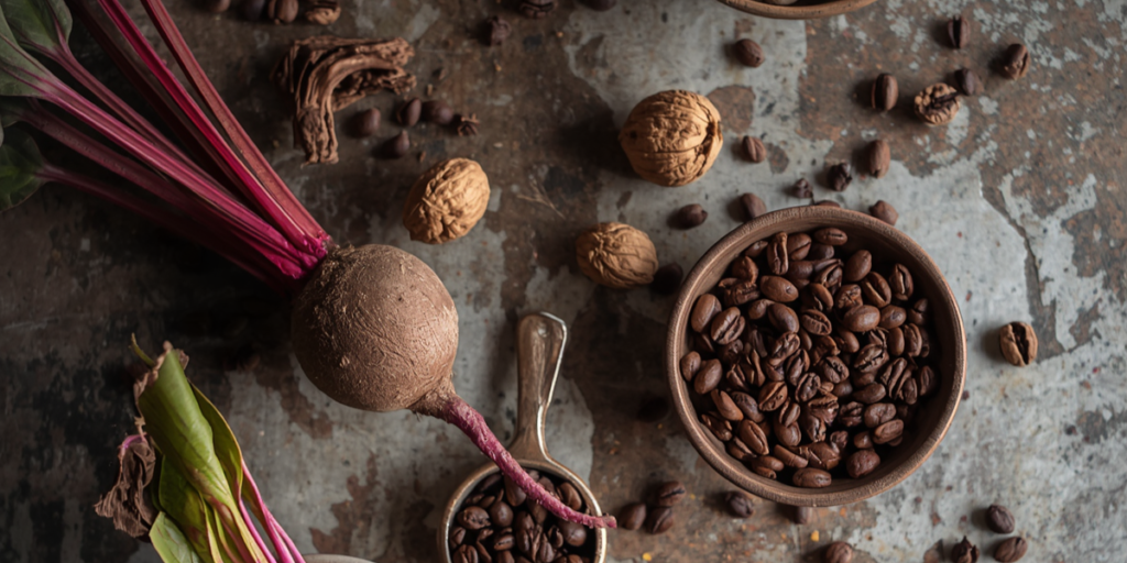 Natural hair dye ingredients arranged on a rustic surface, including a fresh beetroot, whole walnuts, and a bowl of coffee beans used for dark red tones.