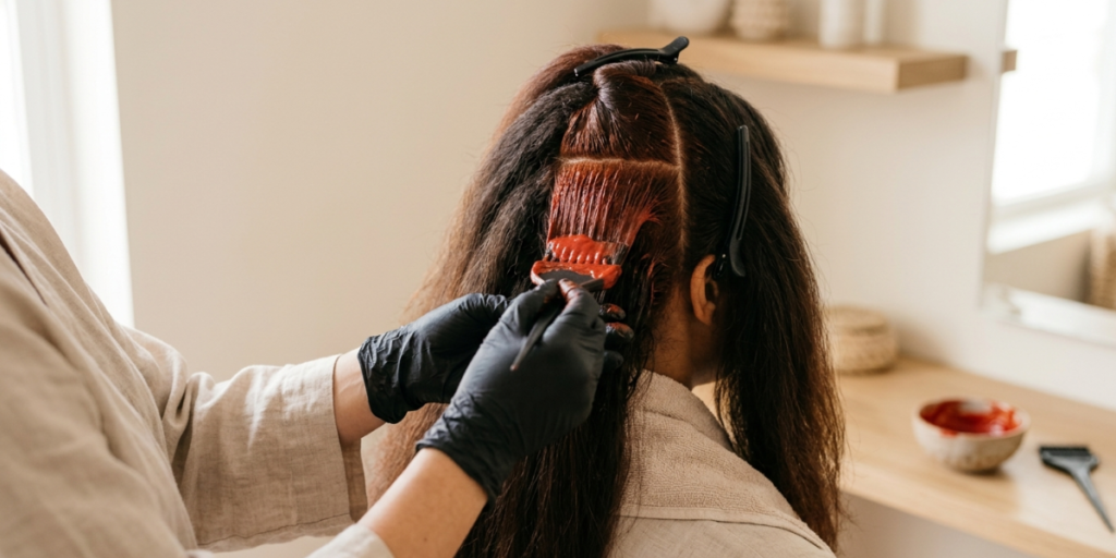 Applying natural copper red henna and annatto seed dye to sectioned hair using a brush and gloved hands at home
