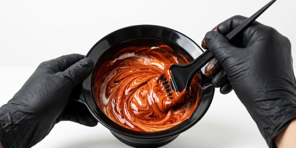 Gloved hands mixing homemade copper red hair dye paste in a black bowl with a tinting brush