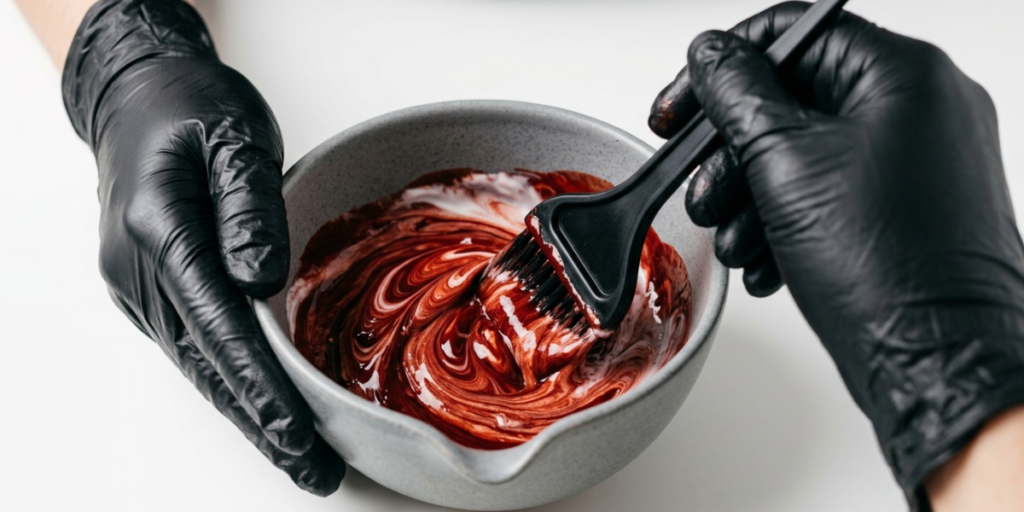 Gloved hands mixing a deep red hair dye with a tinting brush in a ceramic bowl for a dark copper red shade at home