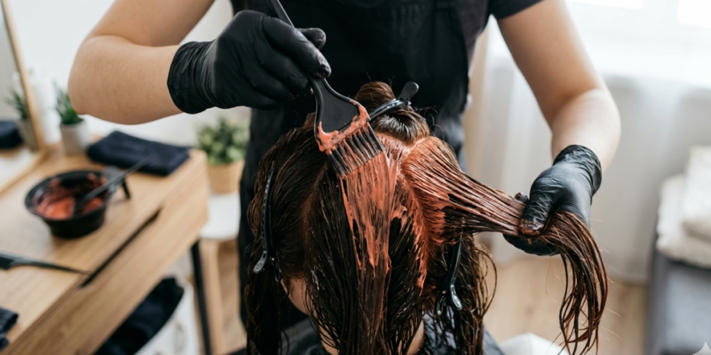 Step-by-step application of henna and beetroot paste being brushed onto sectioned hair, showing the proper technique for achieving light copper red hair dye results at home.