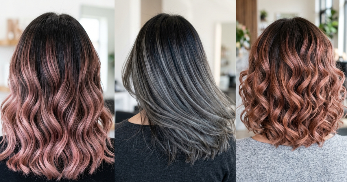 Real-life cool hair dye ideas featuring rose gold, silver gray, and copper balayage looks on medium-length dark hair
