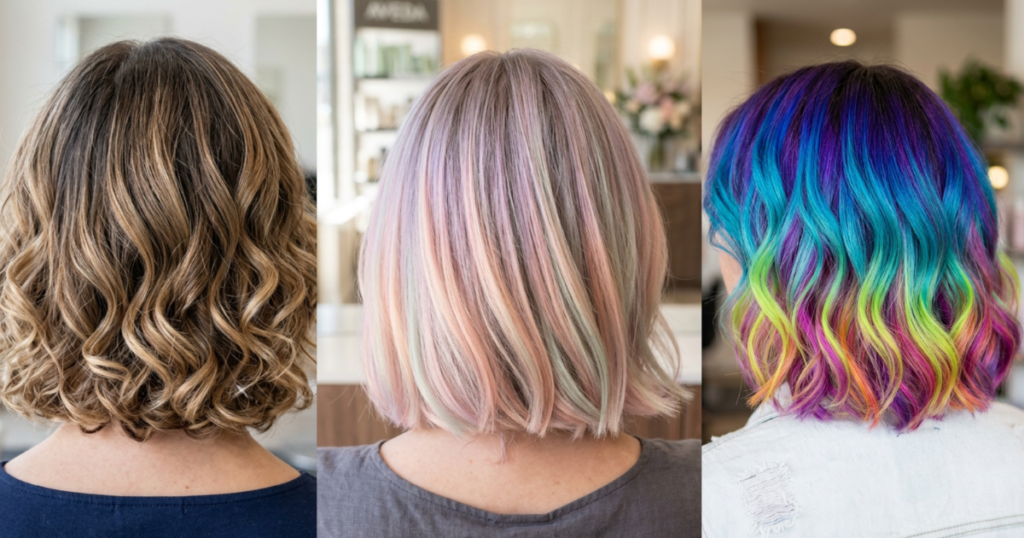 Three stunning short hair dye ideas side by side: a brunette balayage bob, a pastel pink and lavender blunt cut, and a vibrant rainbow ombre bob.