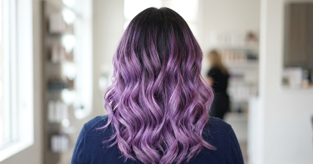 Woman seen from behind with long wavy hair, dark at the roots fading into a rich lavender purple ombre, styled in loose curls inside a bright home salon.