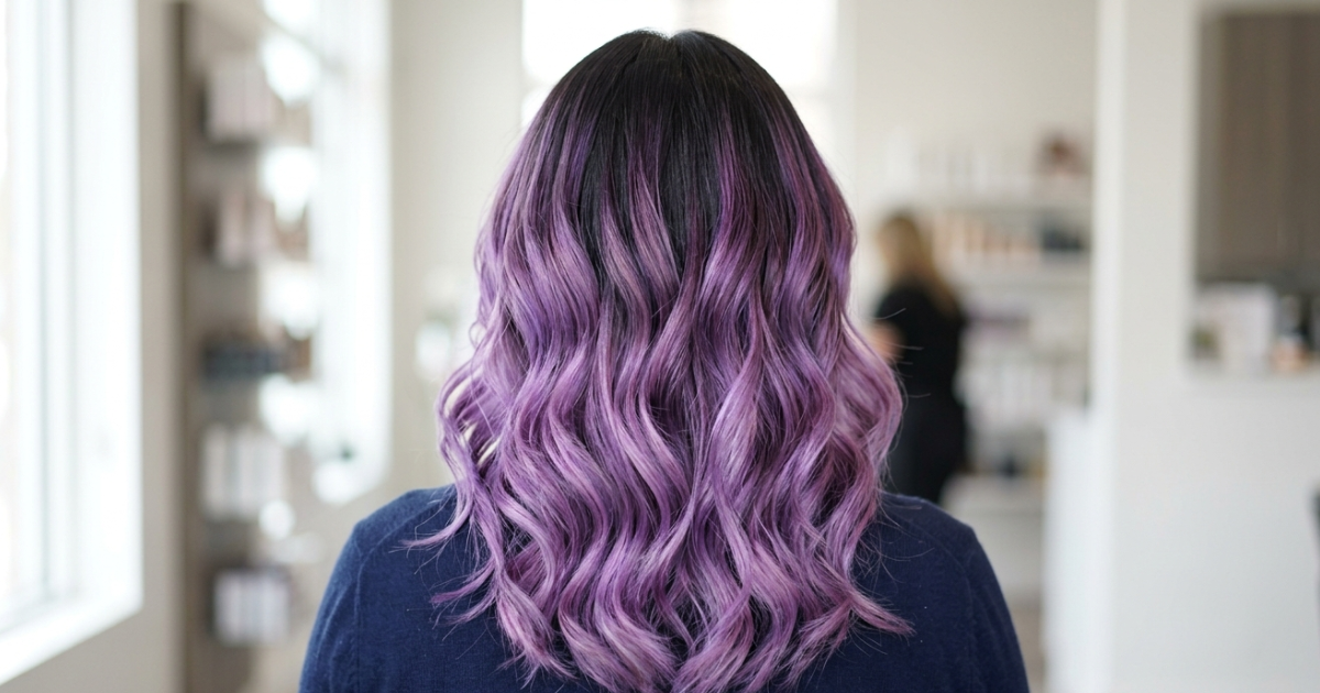 Woman seen from behind with long wavy hair, dark at the roots fading into a rich lavender purple ombre, styled in loose curls inside a bright home salon.