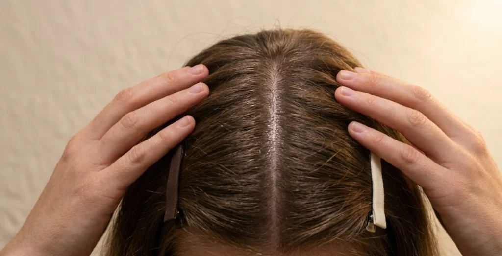 applying rosemary hair oil at scalp at night